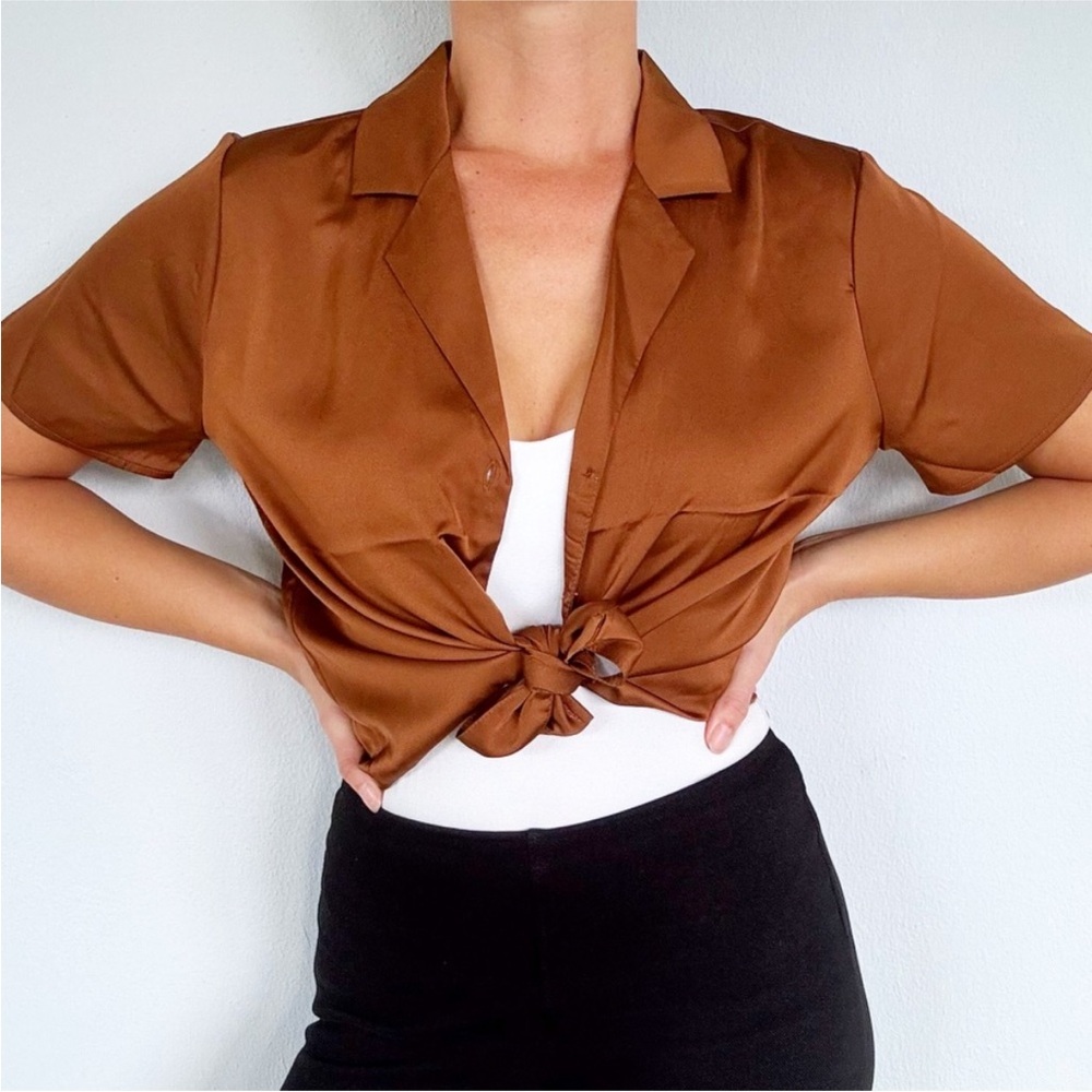 Rachel Zoe brown satin stretch short sleeve button down blouse size XS